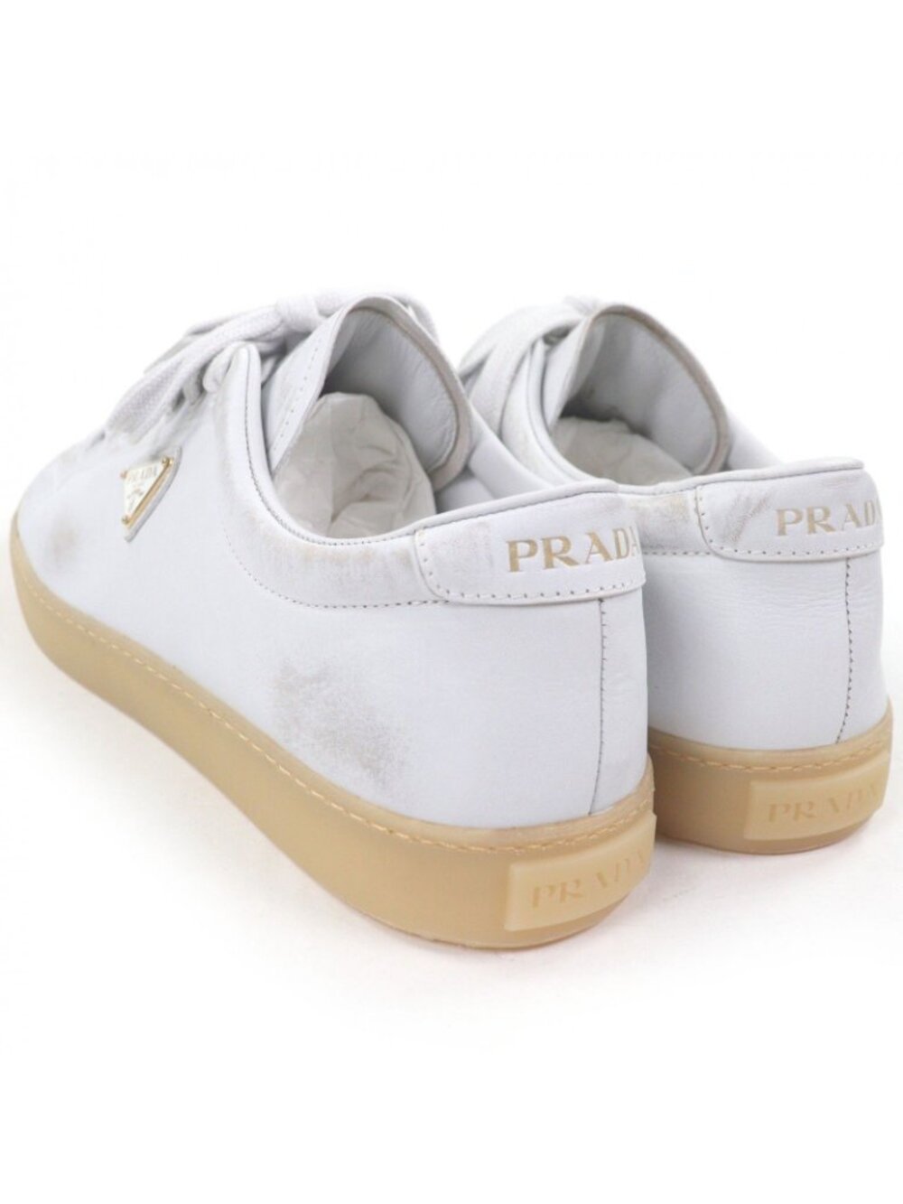 Prada Triangle Logo Distressed Low Cut Sneakers Leather Shoes White 7.5 - Picture 6 of 9